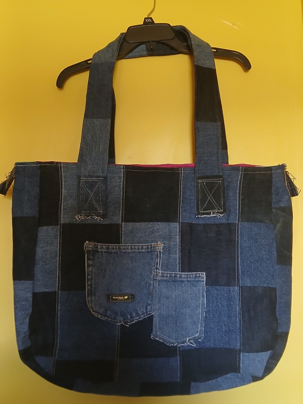 Denim Patchwork Tote Bag with Waterproof Lining Reversible, Beach, Laundry